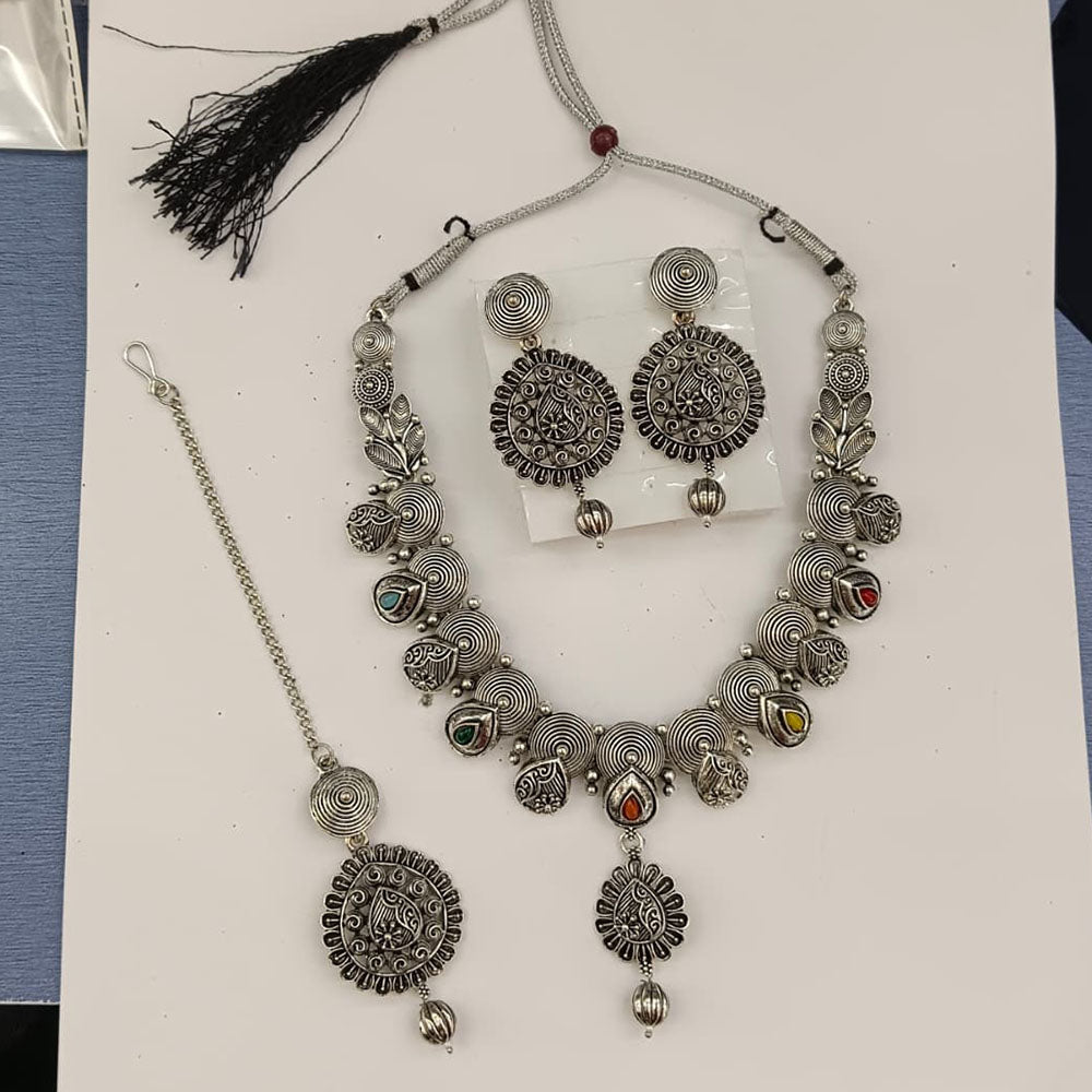 The99Jewel Oxidised Plated Pota Stone Traditional Jewellery Set
