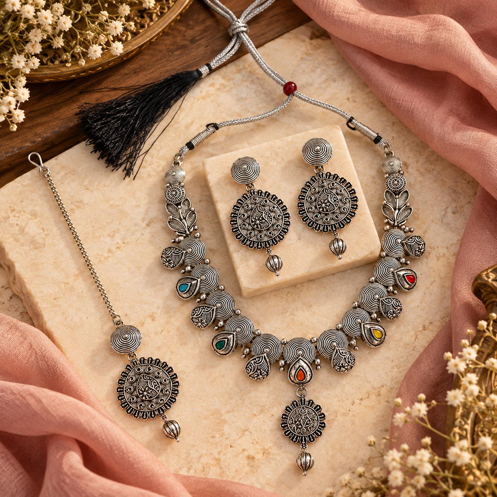 The99Jewel Oxidised Plated Pota Stone Traditional Jewellery Set