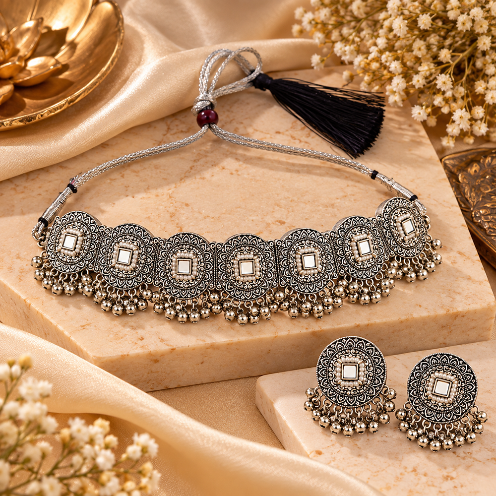 The99Jewel Oxidised Plated Traditional Mirror Choker Necklace Jewellery Set