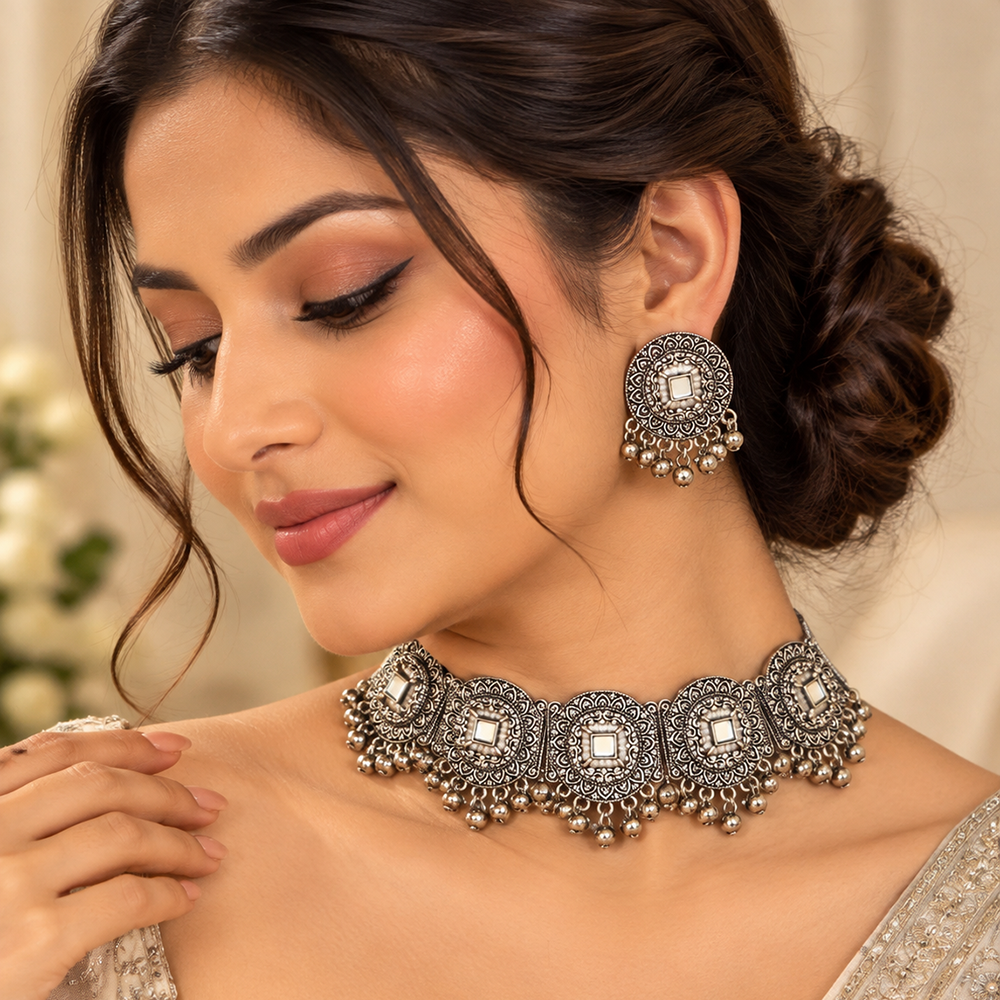 The99Jewel Oxidised Plated Traditional Mirror Choker Necklace Jewellery Set