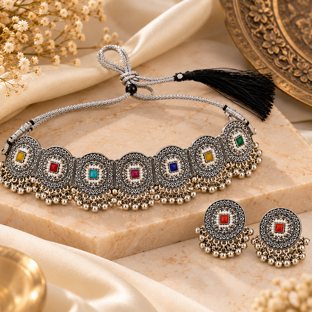 The99Jewel Oxidised Plated Pota Stone Traditional Choker Jewellery Set