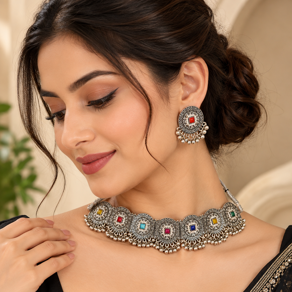 The99Jewel Oxidised Plated Pota Stone Traditional Choker Jewellery Set