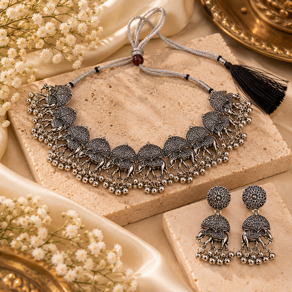 The99Jewel Statement Oxidised Plated Elephant Choker Necklace Set