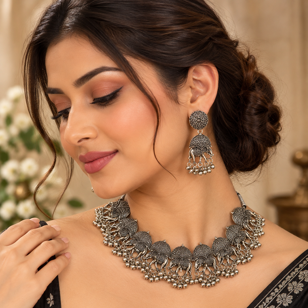 The99Jewel Statement Oxidised Plated Elephant Choker Necklace Set