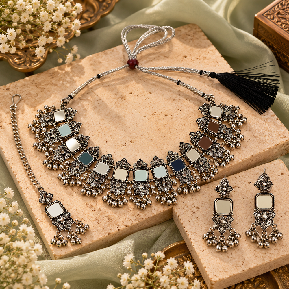 The99Jewel Oxidised Plated Traditional Mirror Choker Necklace Jewellery Set