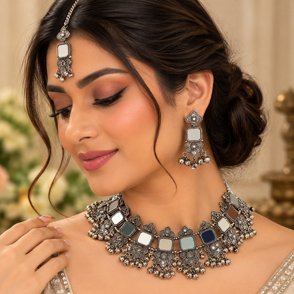The99Jewel Oxidised Plated Traditional Mirror Choker Necklace Jewellery Set