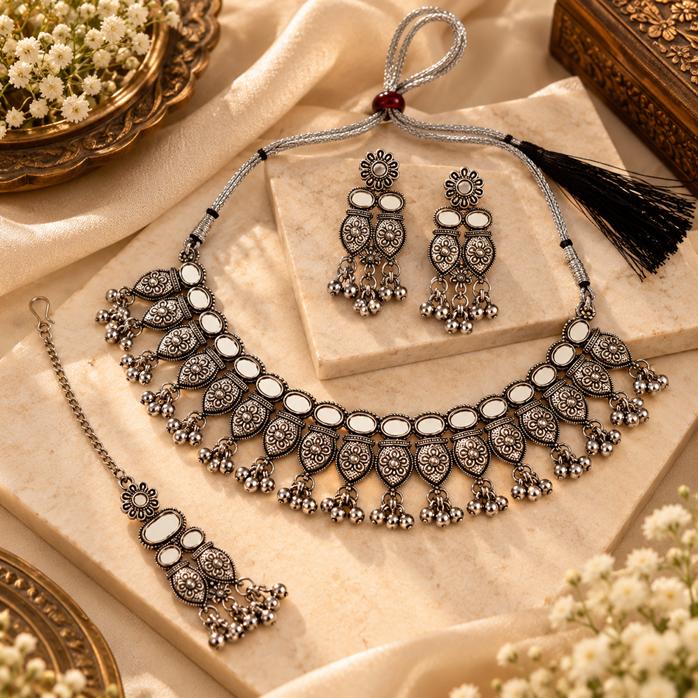 The99Jewel Oxidised Plated Traditional Mirror Choker Necklace Jewellery Set
