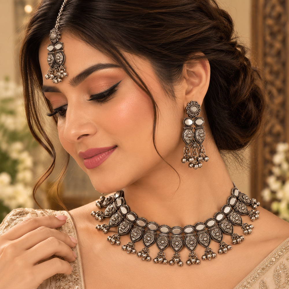 The99Jewel Oxidised Plated Traditional Mirror Choker Necklace Jewellery Set