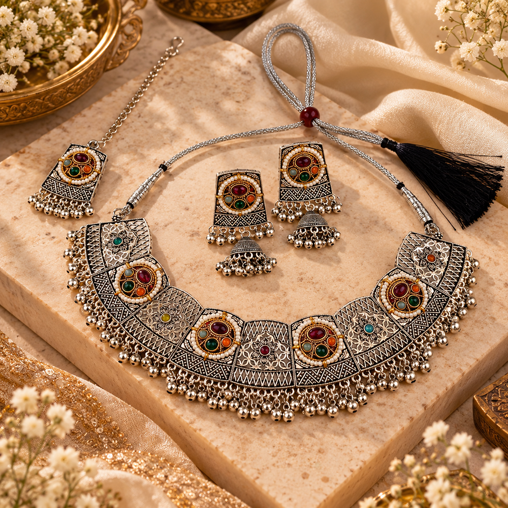 The99Jewel 2 Tone Plated Pota Stone And Pearl Fashion Choker Necklace Set for Women