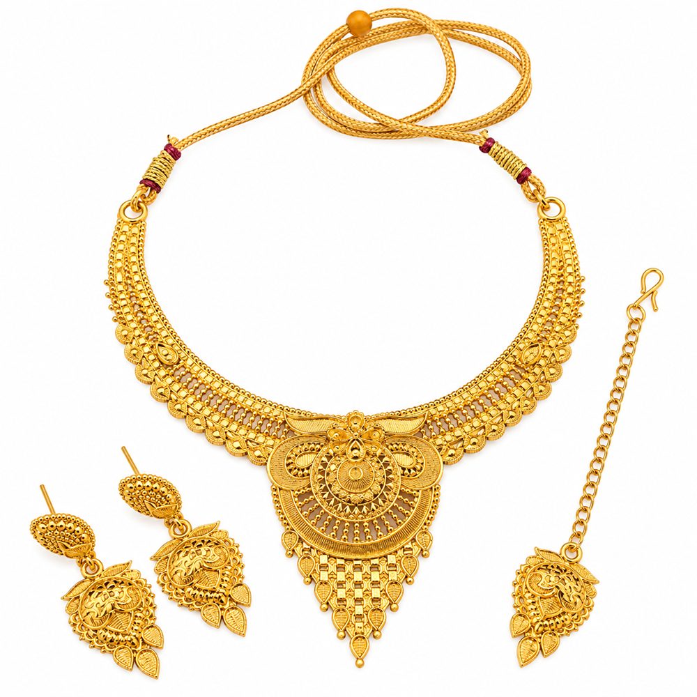 The99Jewel Elegant Gold Plated Ethnic Necklace Set with Maangtikka | Wedding & Special Occasion Jewellery