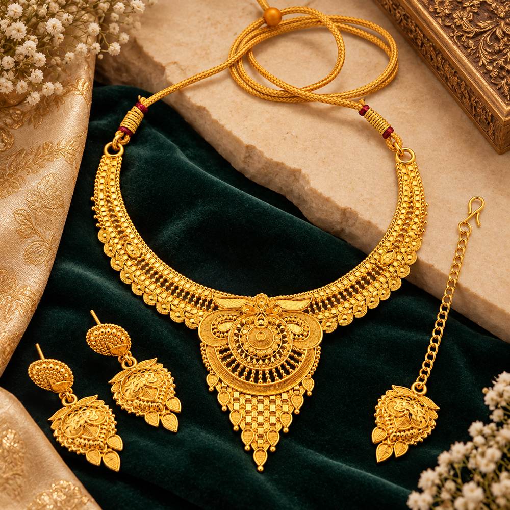 The99Jewel Elegant Gold Plated Ethnic Necklace Set with Maangtikka | Wedding & Special Occasion Jewellery