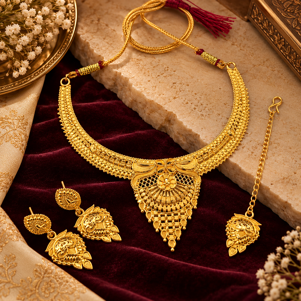 The99Jewel Elegant Gold Plated Ethnic Necklace Set with Maangtikka | Wedding & Special Occasion Jewellery