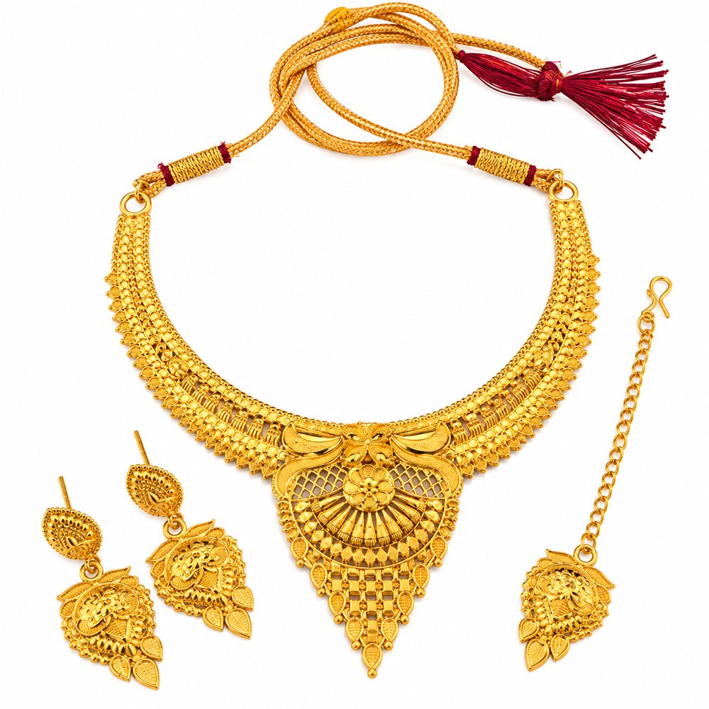 The99Jewel Elegant Gold Plated Ethnic Necklace Set with Maangtikka | Wedding & Special Occasion Jewellery