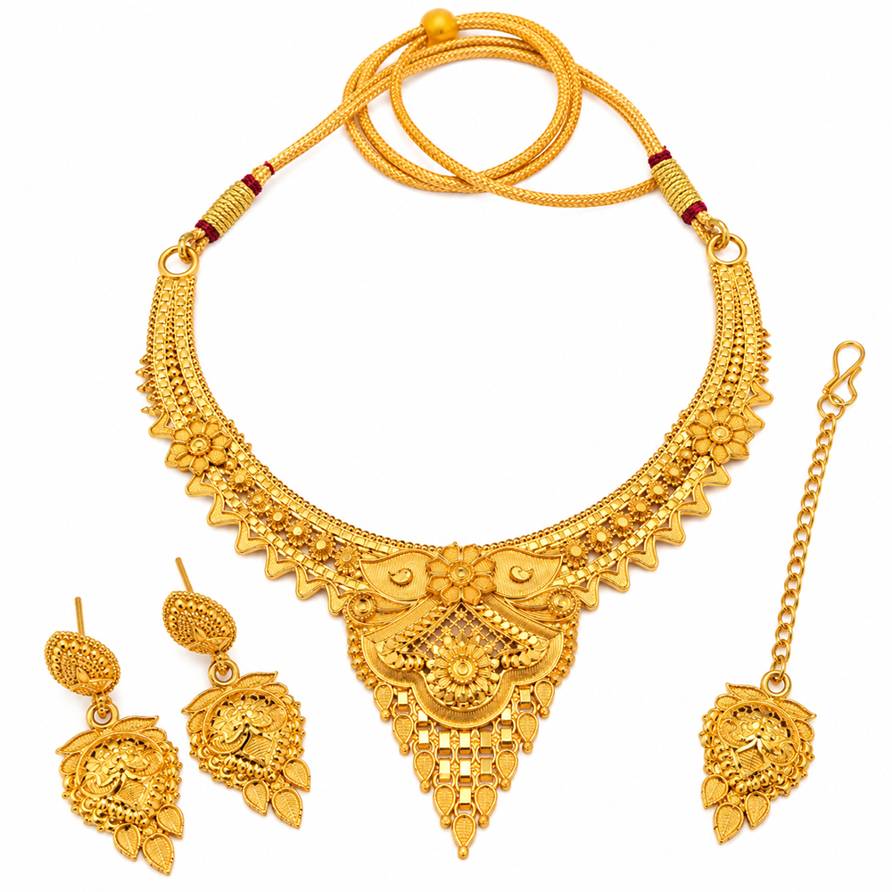 The99Jewel Elegant Gold Plated Ethnic Necklace Set with Maangtikka | Wedding & Special Occasion Jewellery
