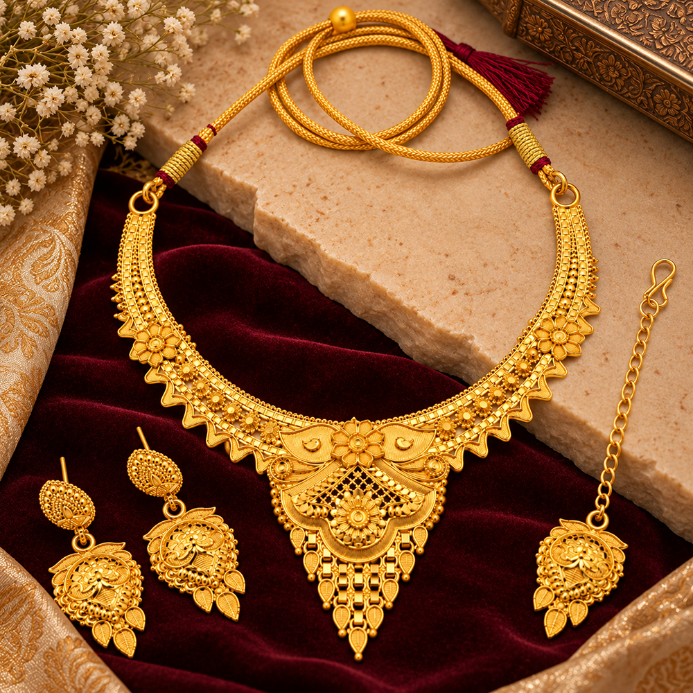The99Jewel Elegant Gold Plated Ethnic Necklace Set with Maangtikka | Wedding & Special Occasion Jewellery