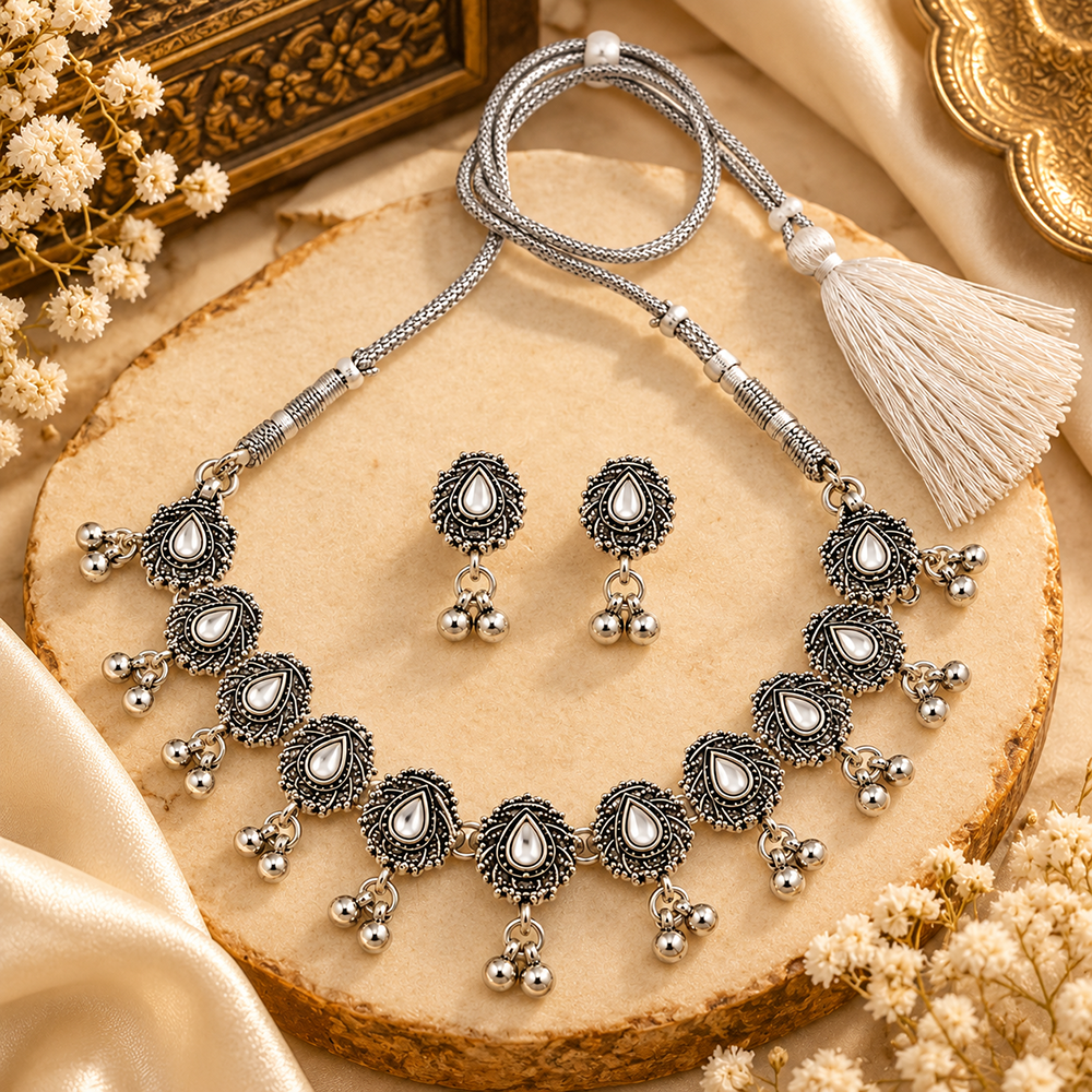 The99Jewel Traditional Oxidised Silver-Tone Necklace Set with Earrings