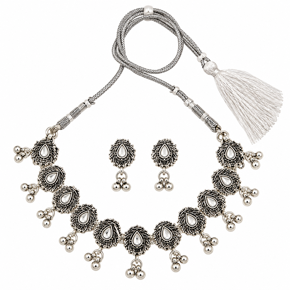 The99Jewel Traditional Oxidised Silver-Tone Necklace Set with Earrings
