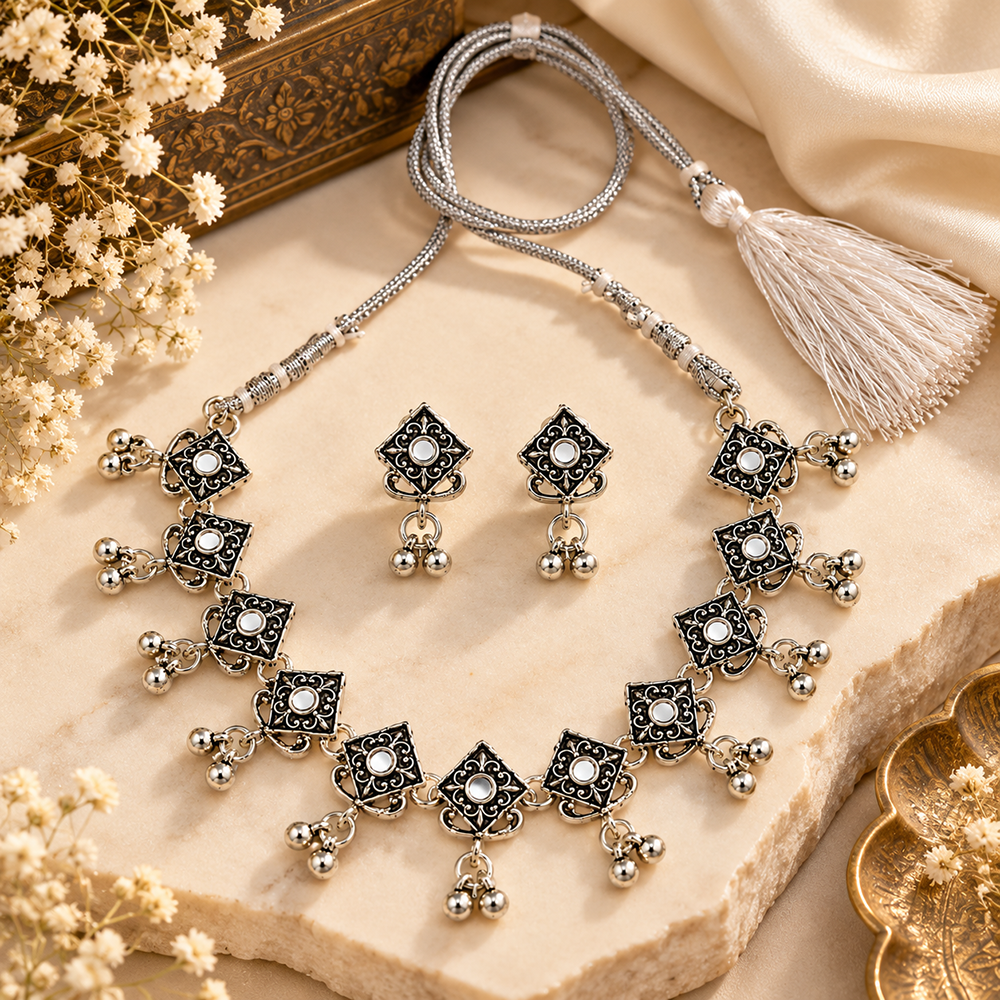 The99Jewel Traditional Oxidised Silver-Tone Necklace Set with Earrings