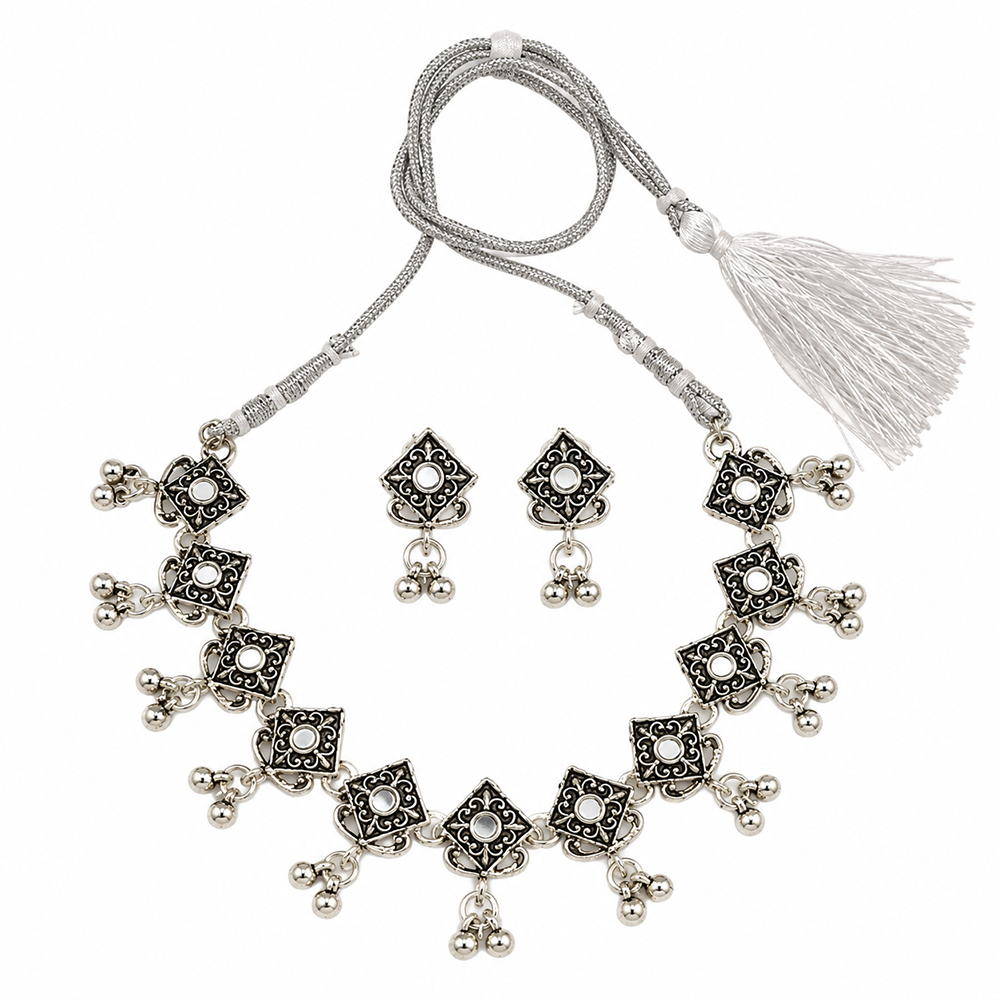 The99Jewel Traditional Oxidised Silver-Tone Necklace Set with Earrings
