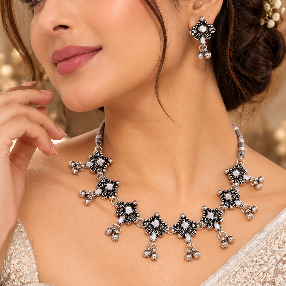 The99Jewel Traditional Oxidised Silver-Tone Necklace Set with Earrings