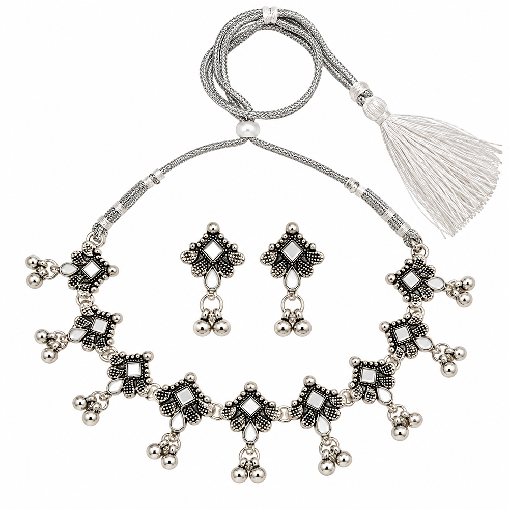 The99Jewel Traditional Oxidised Silver-Tone Necklace Set with Earrings