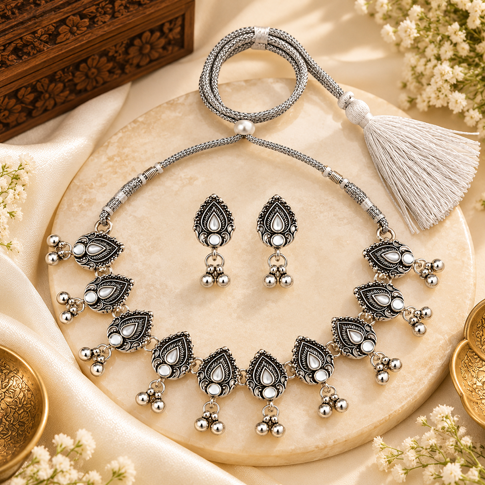 The99Jewel Traditional Oxidised Silver-Tone Necklace Set with Earrings