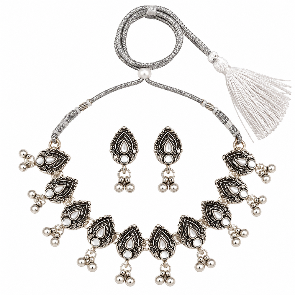 The99Jewel Traditional Oxidised Silver-Tone Necklace Set with Earrings