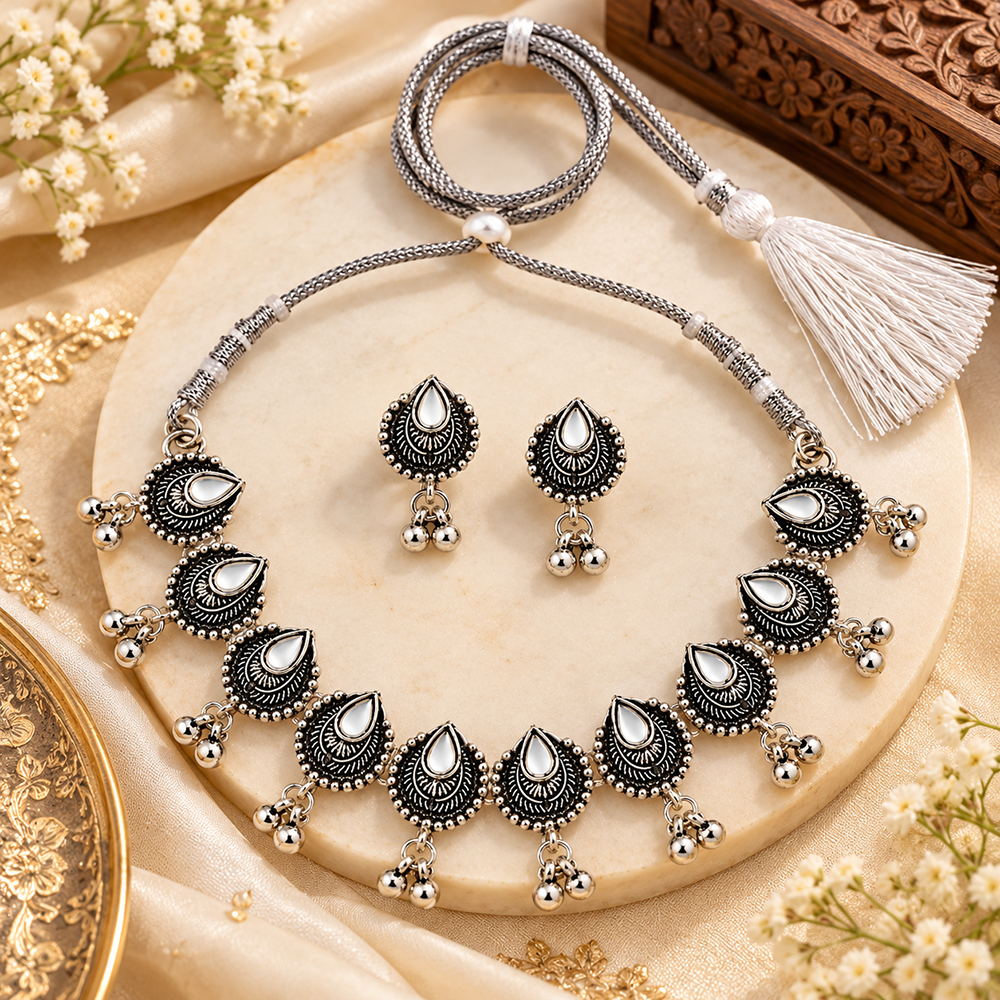 The99Jewel Traditional Oxidised Silver-Tone Necklace Set with Earrings