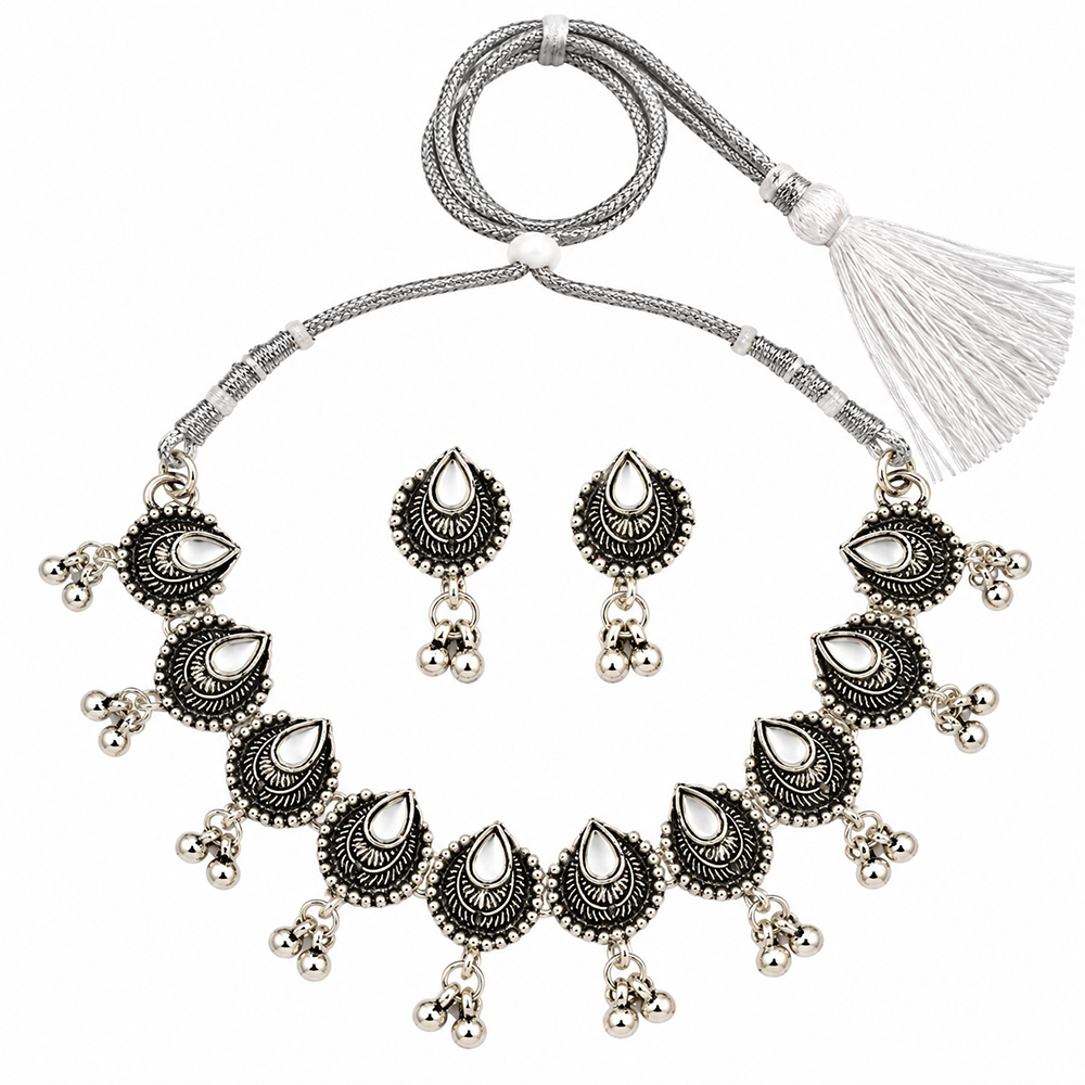 The99Jewel Traditional Oxidised Silver-Tone Necklace Set with Earrings