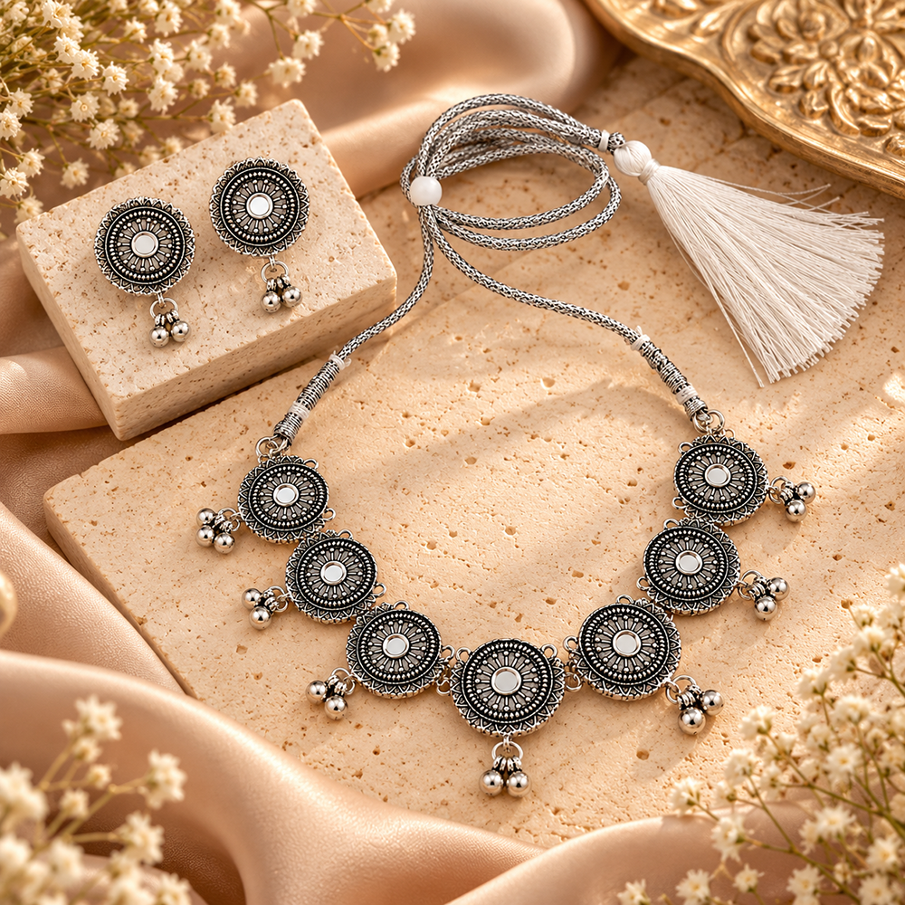The99Jewel Traditional Oxidised Silver-Tone Necklace Set with Earrings