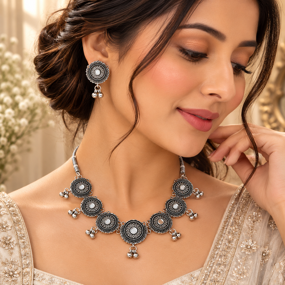 The99Jewel Traditional Oxidised Silver-Tone Necklace Set with Earrings
