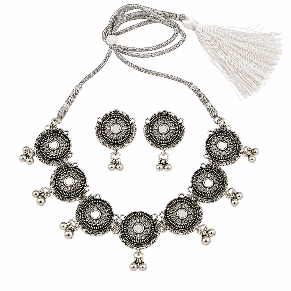 The99Jewel Traditional Oxidised Silver-Tone Necklace Set with Earrings