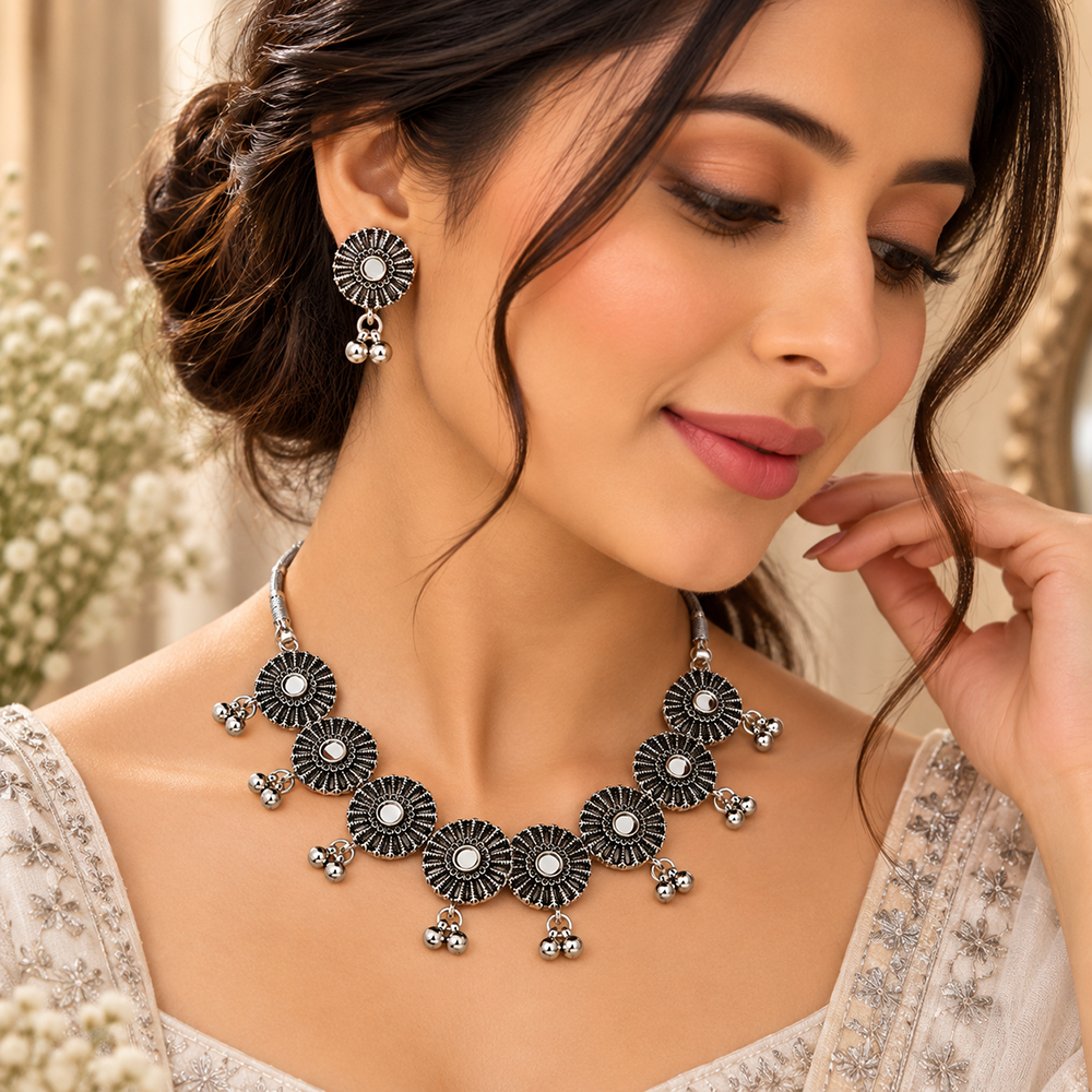 The99Jewel Traditional Oxidised Silver-Tone Necklace Set with Earrings