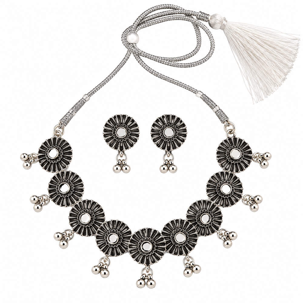 The99Jewel Traditional Oxidised Silver-Tone Necklace Set with Earrings