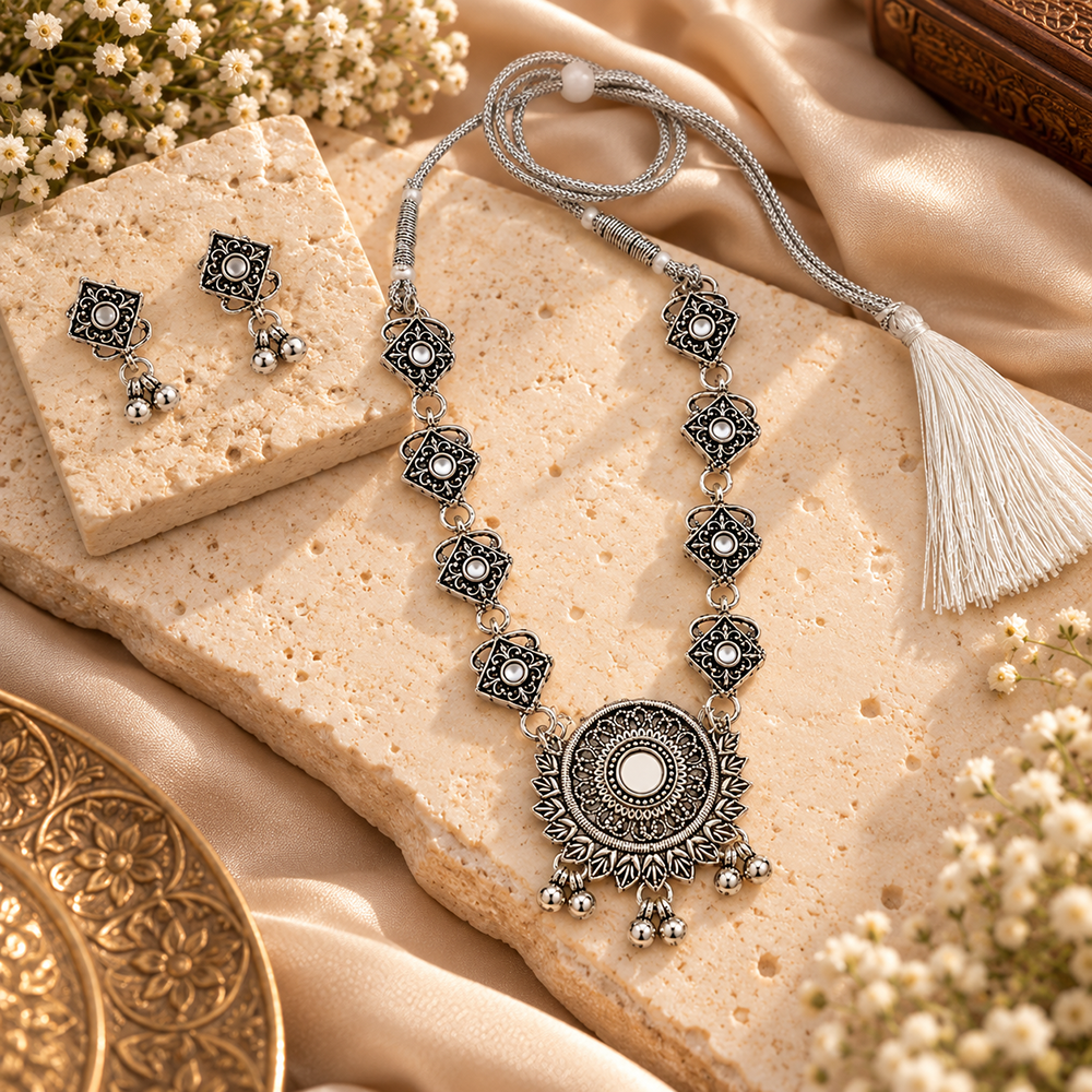 The99Jewel Traditional Oxidised Silver-Tone Necklace Set with Earrings