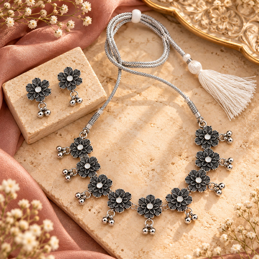 The99Jewel Traditional Oxidised Silver-Tone Necklace Set with Earrings