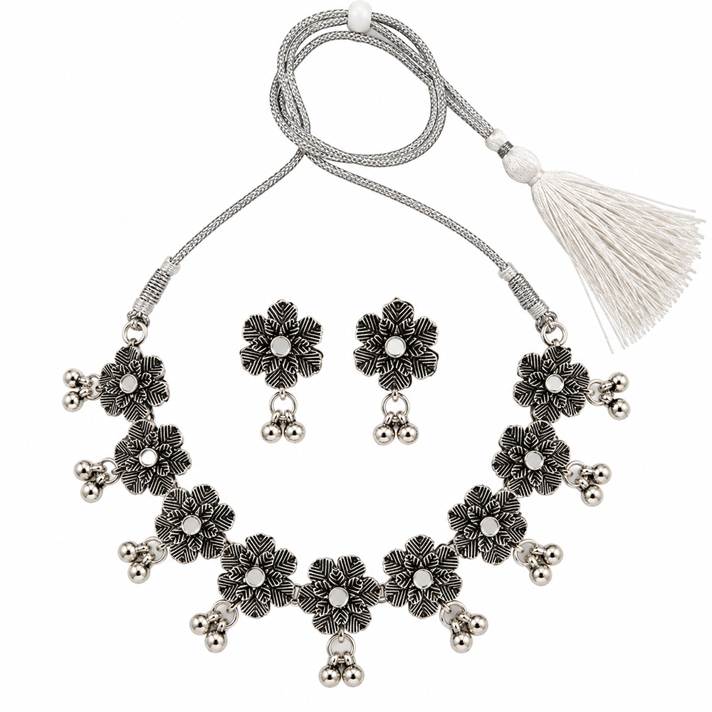 The99Jewel Traditional Oxidised Silver-Tone Necklace Set with Earrings