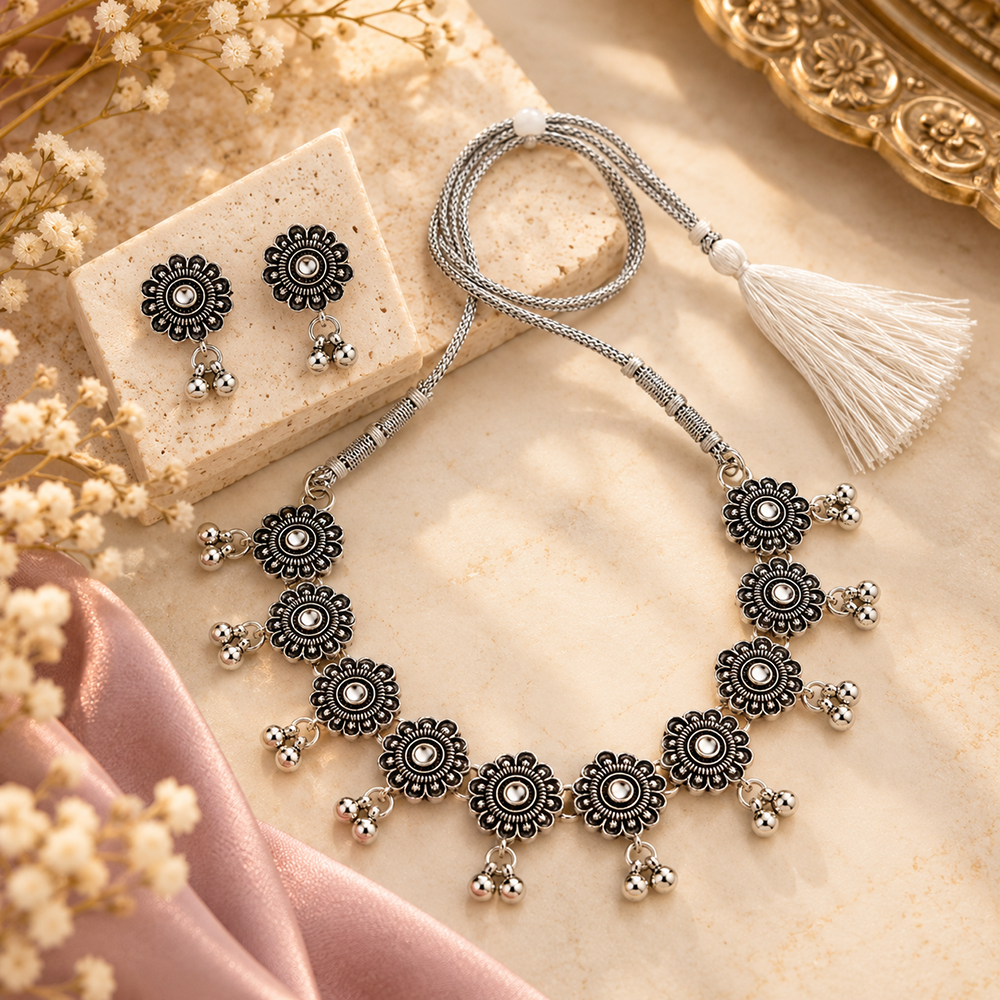 The99Jewel Traditional Oxidised Silver-Tone Necklace Set with Earrings