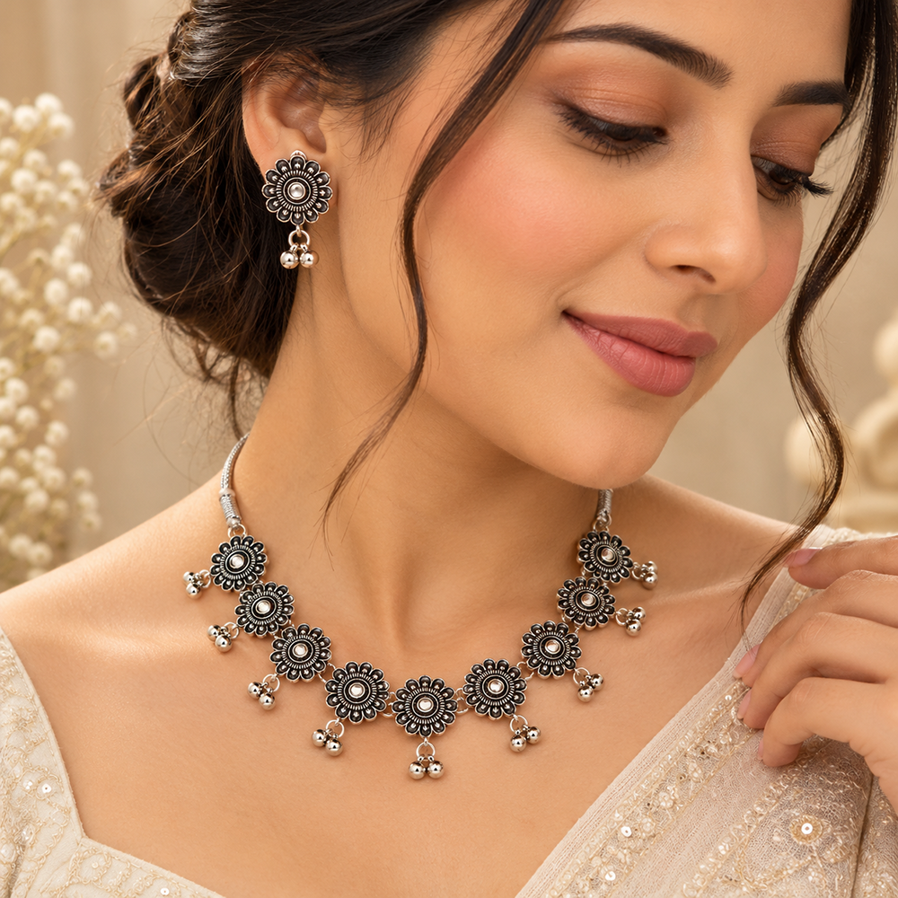 The99Jewel Traditional Oxidised Silver-Tone Necklace Set with Earrings