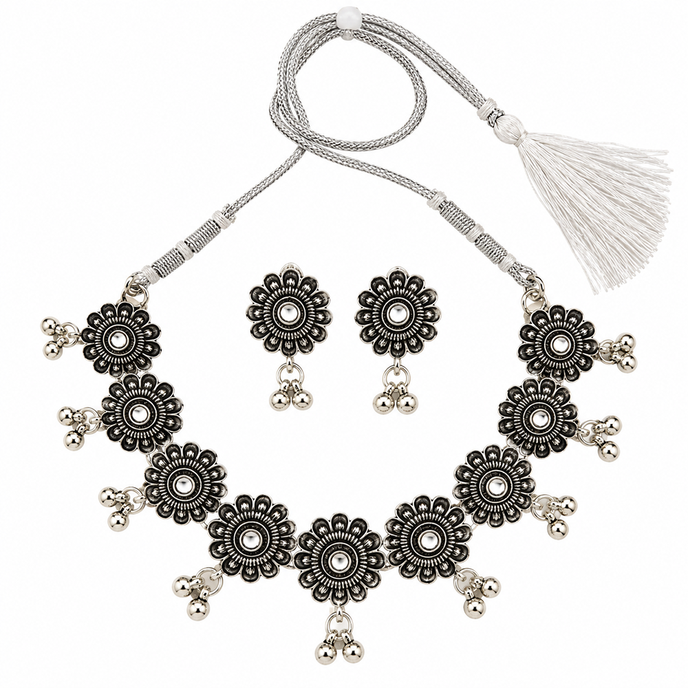 The99Jewel Traditional Oxidised Silver-Tone Necklace Set with Earrings