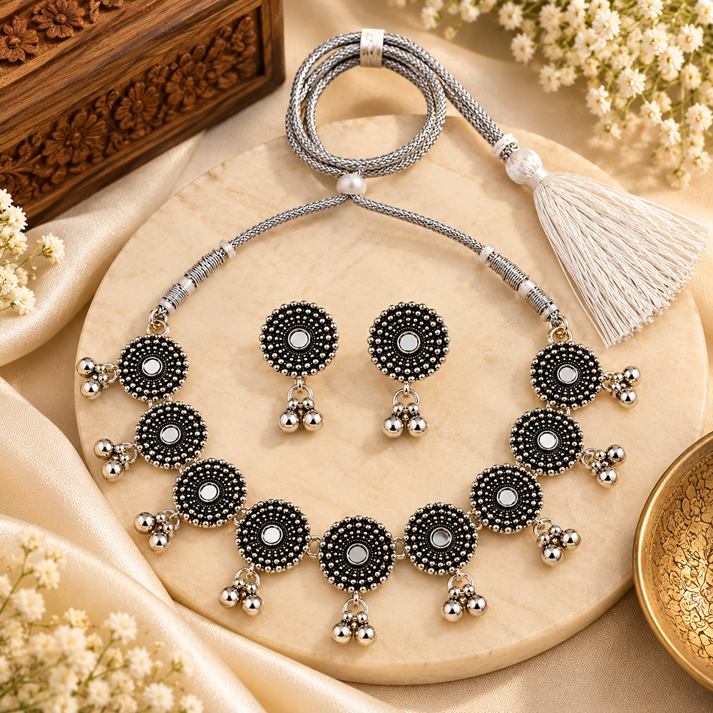 The99Jewel Traditional Oxidised Silver-Tone Necklace Set with Earrings