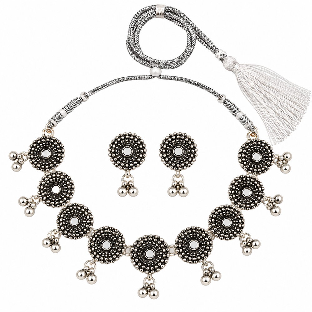 The99Jewel Traditional Oxidised Silver-Tone Necklace Set with Earrings