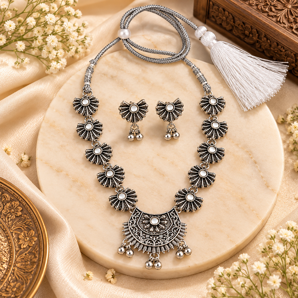 The99Jewel Traditional Oxidised Silver-Tone Necklace Set with Earrings