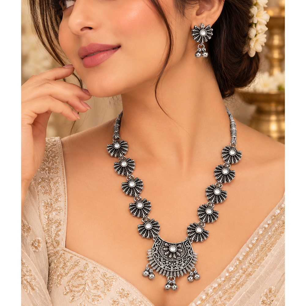 The99Jewel Traditional Oxidised Silver-Tone Necklace Set with Earrings
