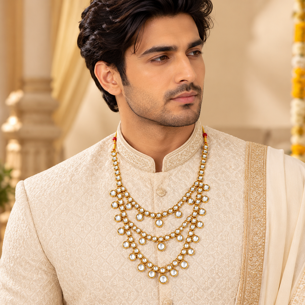 The99Jewel Antique Kundan Stone Multi Layered Long Necklace Traditional Ethnic Fashion Jewellery for Mens