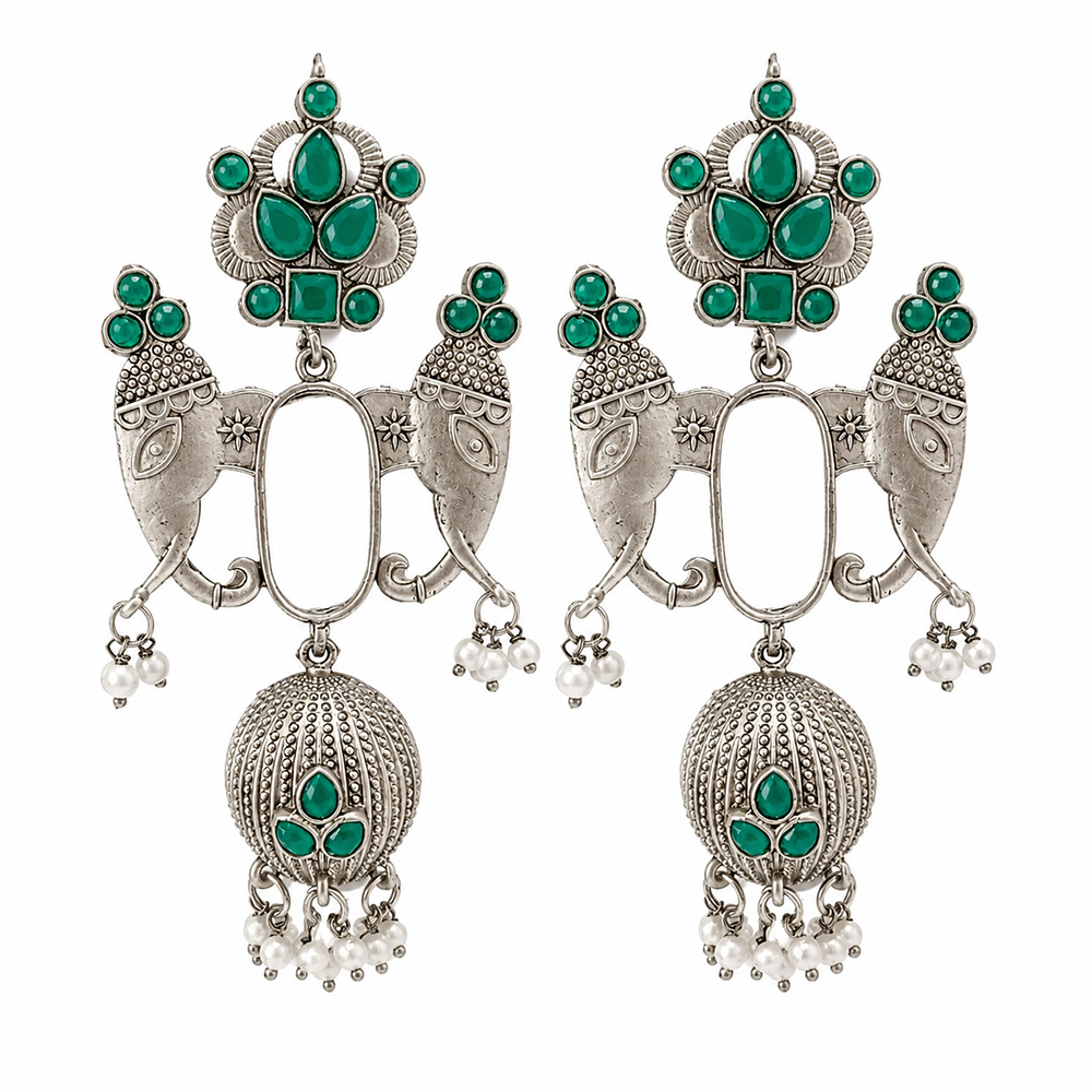 The99Jewel Oxidized Silver Elephant Motif Jhumka Earrings with Green Stones & Pearl Drops