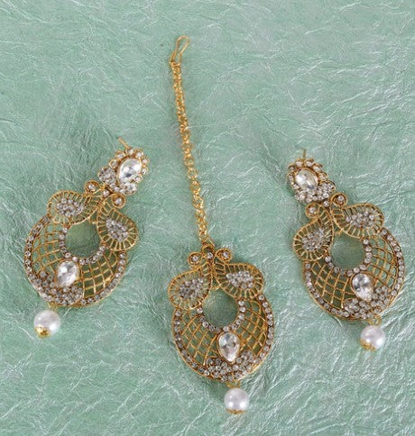 The99Jewel Beautiful Crystal Stone and Pearl Dangler Earrings for Women With Maangtikka 