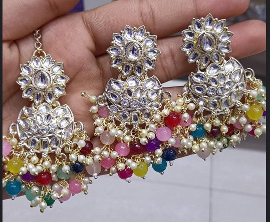 The99Jewel Beautiful Kundan  Stone and Pearl Dangler Earrings for Women With Maangtikka 