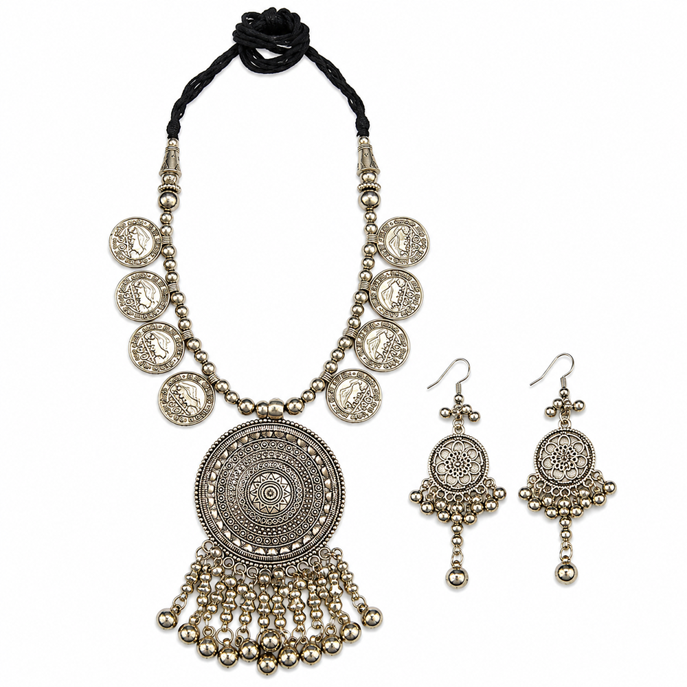 The99Jewel Designer Oxidised  Plated Long Necklace Set With Gunghroo Drops