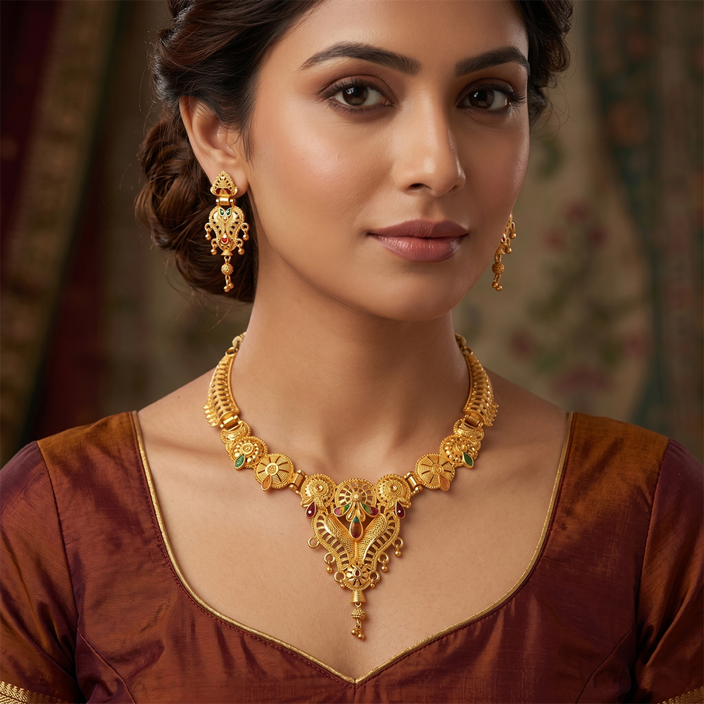 The99Jewel Gold Look Forming Traditional Designer Gold Plated Necklace Set for Women
